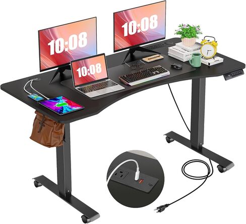Farexon 55 × 24 بوصة مكتب قائم كهربائي قابل للتعديل مع محطة شحن، مكتب واقف مع لوحة ماوس كبيرة الحجم، محطة عمل منحنية مريحة، 4 عجلات، 4 ارتفاعات محددة مسبقًا سهلة الضبط in Saudi Arabia