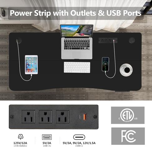 Farexon 55 × 24 بوصة مكتب قائم كهربائي قابل للتعديل مع محطة شحن، مكتب واقف مع لوحة ماوس كبيرة الحجم، محطة عمل منحنية مريحة، 4 عجلات، 4 ارتفاعات محددة مسبقًا سهلة الضبط in Saudi Arabia