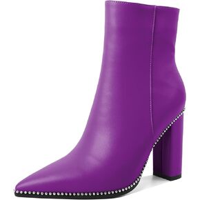 Eldof Womens Pointed Toe Beaded Chunky Ankle Boots Side Zipper 3.5 Inches