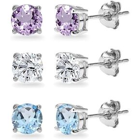 3-Pair Set Sterling Silver Amethyst, Blue & White Topaz 5mm Round Stud Earrings