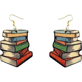 Classic Stack of Books Drop Dangle Earrings,Multicolor Book Earrings,Funny Wooden Teacher Earring for Women,Library Earrings,Book Lovers Gifts,Creative Librarian Teacher Student Graduation Jewelry