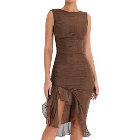 AIBEARTY Women's Sleeveless Asymmetrical Ruffle Hem Mermaid Midi Dress Irregular Ruched Backless Party Club Cocktail Dresses