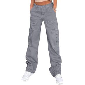 Womens Girls High Waisted Cargo Pants Cotton Wide Leg Casual Pant Combat Tactical Workwear Capris with 6 Pockets