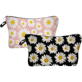 2 Pcs Cosmetic Bag for Women Small Make Up Bag Waterproof Travel Toiletries Pouch with Zipper for Organizing Small Items, Gift Bags for Birthday Christmas(Daisy Flower 1)