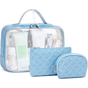 Bluboon 3 Pcs Makeup Bag Travel Toiletry Bags Clear Cosmetic Bag Gift for Girls Women Waterproof Make Up Purse Zipper Pouch (Corduroy strawberries)