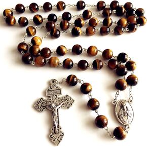 elegantmedical Handmade 10MM Tttttiger Eye Beads Rosar Cross Catholic Necklace Men's Womens Religion Gift box
