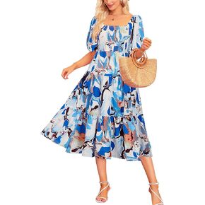 VAFADRESS Women's Summer Square Neck Ruffle Puff Sleeve Boho Elastic Waist Smocked Flowy A Line Tiered Maxi Dresses