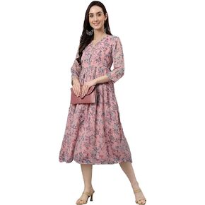 Janasya Women's Day Pink Chiffon Lurex Floral Printed Flared Dress