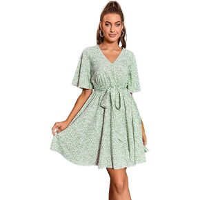 WDIRARA Women's Short Sleeve V Neck All Over Print A Line Belted High Waist Casual Summer Short Dress