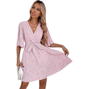 WDIRARA Women's Short Sleeve V Neck All Over Print A Line Belted High Waist Casual Summer Short Dress