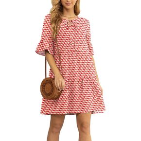 VIISHOW 2023 Women's Summer Casual Dresses Ruffle Short Sleeve Tie Neck Bohemian Dress High Waist Mini Dress A-Line Sun Dress