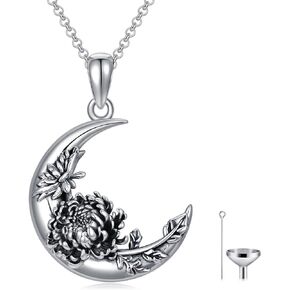 SIMONLY Sterling Silver Moon Crescent Shape Birth Flower Urn Necklace Gothic Birth Flower Cremation Jewelry for Women