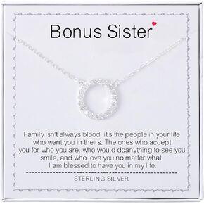 Bonus Sister Gifts - Sterling Silver Simple Circle Necklace Bezel Pendant Sparkly Cubic Zirconia Halo Necklaces for Women Girls
