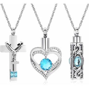 shajwo 3 Pack Urn Necklace for Ashes for Women Gilrs Heart Cross Cylinder Cremation Jewelry for Ashes Memorial Keepsake Birthstone Pendant in Kuwait