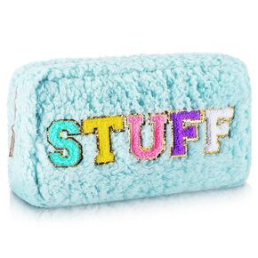 Mixweer Chenille Letters Plush Preppy Makeup Bag Portable Small Travel Cosmetic Bag with Zipper Fleece Pouch Bags for Women Girls Patch Pouches for Toiletries Cosmetic Storage Organizer (Pink, Skin)