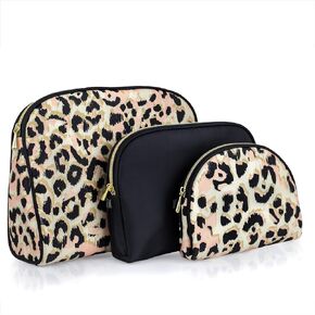 3 Pc Cosmetic Bag Set, Purse Size Makeup Bag for Women,Toiletry Travel Bag, Makeup Organizer,Cosmetic Bag for Girls Zippered Pouch Set, Large, Medium, Small (Brown and Black Leopard)
