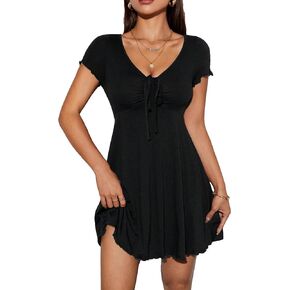 OYOANGLE Women's Summer T-Shirt Dress V Neck Short Sleeve Drawstring Front Ruched A Line Mini Dresses