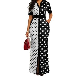 VERWIN Polka Dot Print Pocket Short Sleeve Bodycon Dress Women's Slit Maxi Dress
