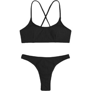 MakeMeChic Women's 2 Piece Bikini Set Crisscross Spaghetti Strap High Cut Thong Bathing Suits