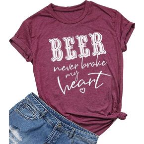 YUYUEYUE Beer Never Broke My Heart T Shirt Women Letter Print Short Sleeve Funny Saying Tops Tee