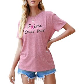 AEURPLT Womens Pink Ribbon Breast Cancer Awareness Shirts Gifts Faith Over Fear Short Sleeve T Shirt Tops Tees