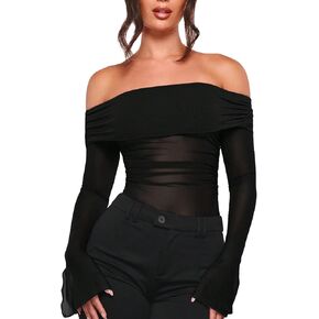 Verdusa Women's Off Shoulder Split Long Sleeve T Shirt Mesh Sheer Ruched Tee Top in Saudi Arabia