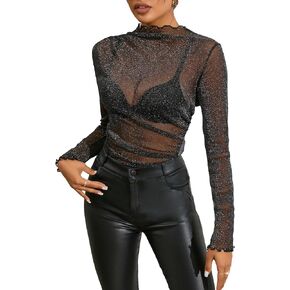 WDIRARA Women's Sheer Mesh Glitter Mock Neck Long Sleeve Ruched Top Sexy Party Club Tops