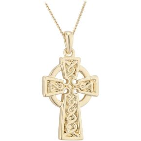 Celtic Cross Necklace Engraved Weaving Gold Plating 18" Chain Irish Made Jewelry