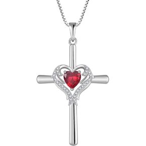 Cross Necklace for Women 925 Sterling Silver Heart Birthstone Angel Wing Cross Pendant Necklace Faith Dainty Jewelry Valentines Day Birthday Gifts for Wife Her