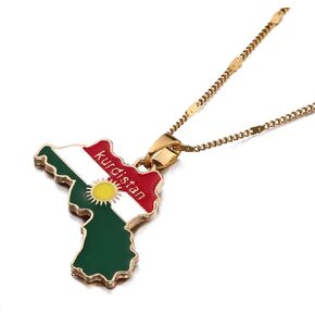 Kurdistan Gold Enamel Pendant Necklace Flag Region Map Kurdish Large Chain Jewelry