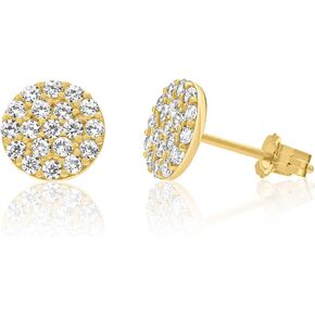 14K Yellow Gold Circle Studs Pave CZ Mini Disc Round Dot Earrings for Women