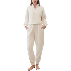 GTLIAE Womens 2 Piece Fluffy Pajama Set Zip Up Pullover Jogger Pants Fuzzy Sleepwear Lounge Set
