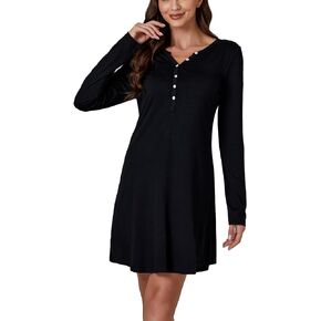 LYANER Women's Knit Crew Neck Long Sleeve Button Down Short Nightdress Sleepwear Loungewear