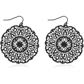 Moroccan Filigree Geometric Drop Earrings - Bohemian Metallic Cutout Hook Lightweight Dangles Flower Petal Leaf/Teardrop/Scallop/Circle/Quatrefoil