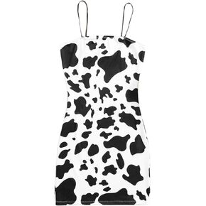 فستان نسائي من ANLJED مطبوع عليه بقرة وشريط سباغيتي ضيق بدون أكمام فستان قصير ضيق ضيق فساتين قصيرة سهلة الارتداء in Kuwait