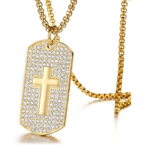 PEAS 18K Gold Plated Jewelry Cross Dog Tag Pendant Iced Out Crystal Necklace