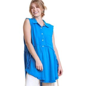 umgee USA Women's Leopard Trim Sleeveless High Low Frayed Hem Tunic Top