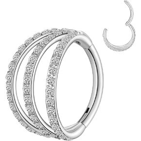 MissNity 18G 8mm Hinged Segment Nose Ring, Triple Open Stack Hoops with Clear CZ for Single Piercing, 316L Surgical Steel Septum Clicker Lip Ring Helix Earrings Ear Lobe Piercing Jewelry