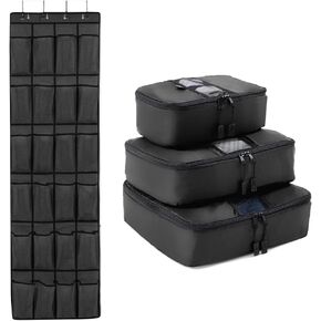 Gorilla Grip Mesh Shoe Organizer and 3 Piece Packing Cubes, Shoe Holder has 24 Pockets, Holds Up To 40 Lbs, Space Saving Travel Bags for Carry On in Multiple Sizes, Both in Black, 2 Item Bundle