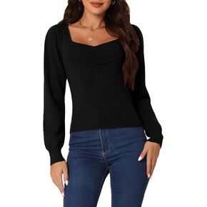 Seta T Women's Casual Square Neck Puff Long Sleeve Sweaters Ribbed Knit Fitted Pullover Sweater