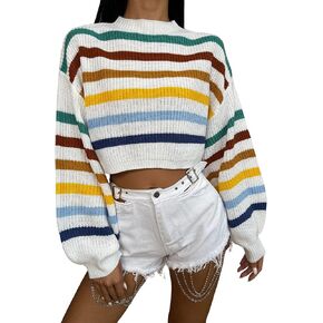 WDIRARA Women's Striped Mock Neck Bishop Long Sleeve Crop Sweater Casual Tops