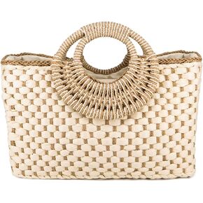 Women Summer Retro Straw Bag with Zip Hand-woven Beach Handbag Top Round Handle Boho Tote Bag Shopping and Travel Large Bag (Beige 2)