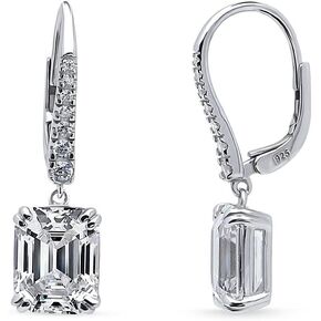 BERRICLE Sterling Silver Solitaire 7.6 Carat Emerald Cut Cubic Zirconia CZ Anniversary Leverback Dangle Drop Earrings for Women, Rhodium Plated