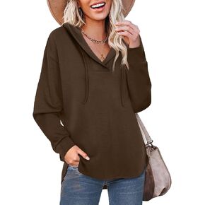 Women's Long Sleeve Hooded Tunic Tops V Neck Sweatshirts Casual Pullover Hoodies in Saudi Arabia