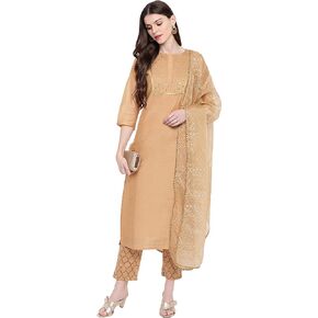 Janasya Women's Day Gold Poly Chanderi Kurta with Pant and Dupatta