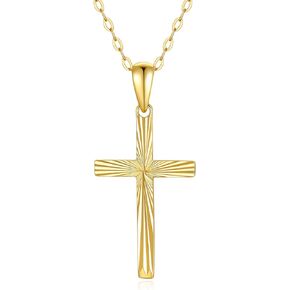 14K Solid Gold Cross Necklace for Women, Real Gold Italian Diamond-cut Cross Pendant Necklace Blessed Valentines Day Gifts Jewelry for Her, Mom, Wife, 16"-18"