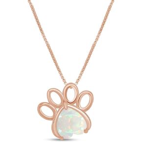 AFFY 7MM Heart Cut White Created Opal Paw Print Pendant Necklace In 14K Gold Plated 925 Sterling Silver Along With 18"+2" Adjustable Chain