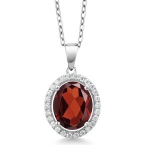 Gem Stone King 925 Sterling Silver Oval Red Garnet and White Moissanite Pendant Necklace For Women (3.97 Cttw, Gemstone Birthstone, with 18 inch Chain)