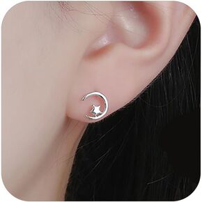 IPEPPY 925 Sterling Silver Mini Star Moon Studs Earrings for Women Teen Girls Lucky Crescent Stud Earrings Hypoallergenic Small Stud Earrings Jewelry Gift for Her Wedding Birthday Engagement
