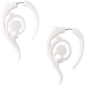 81stgeneration Women's Men's White Bone Fake Taper Stretcher Plug Flower Spiral Tribal Earrings